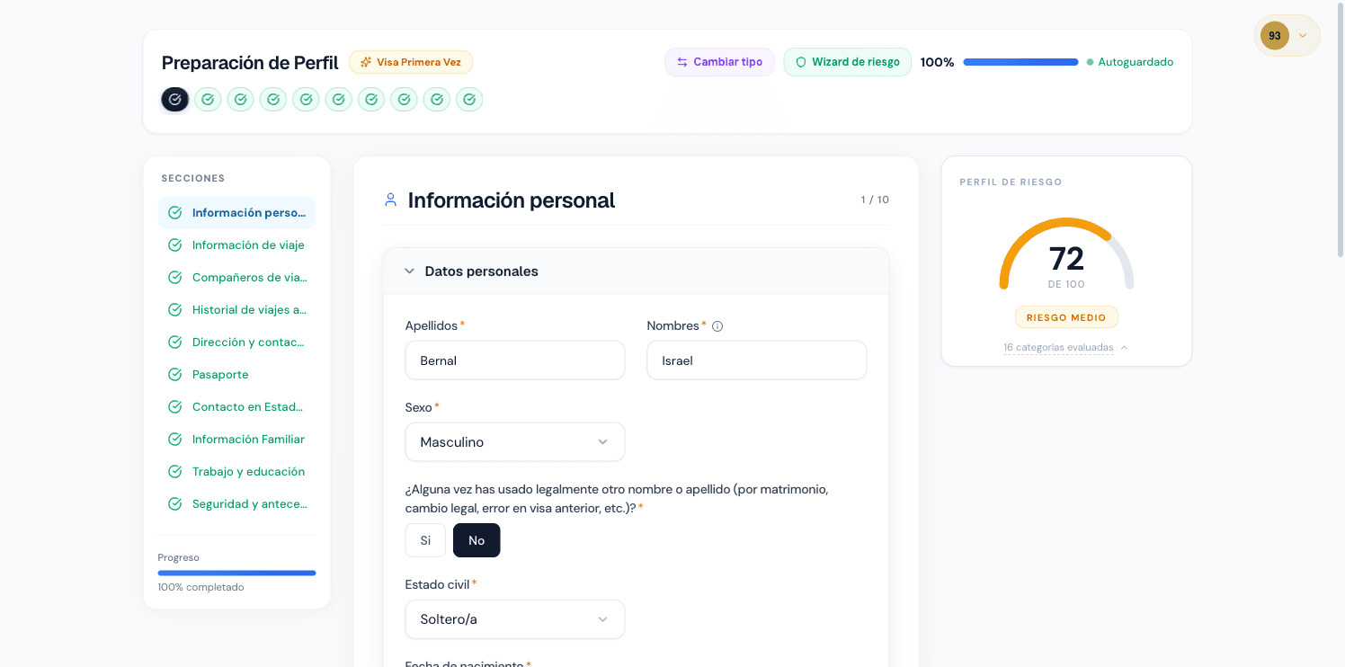 Formulario DS-160 en Vixz - interfaz moderna en español con perfil de riesgo y validación por IA