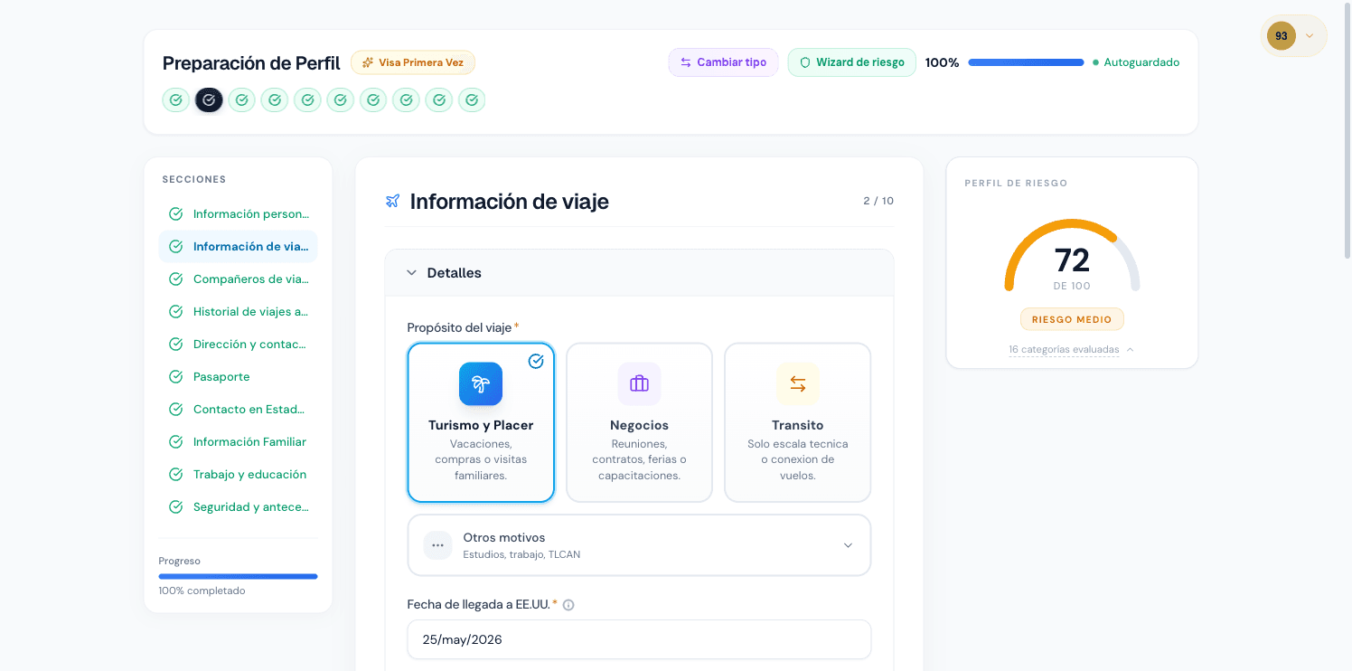 Sección de información de viaje en Vixz - selección visual de propósito de viaje con cards de Turismo, Negocios y Tránsito